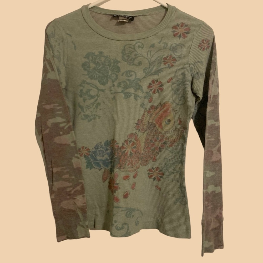Y2K Koi Fish Green Camo Floral Biker Thermal Long Sleeve tattoo aesthetic tee